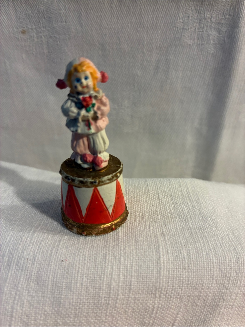 Vintage Enesco Circus Clown Figurine Thimble Red Drum Base Collectible 1980s